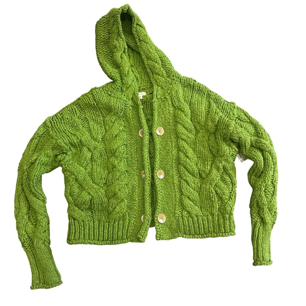 Pilcro Anthropologie Chartreuse Green Chunky Cable Knit Cotton Cardigan XXS NEW